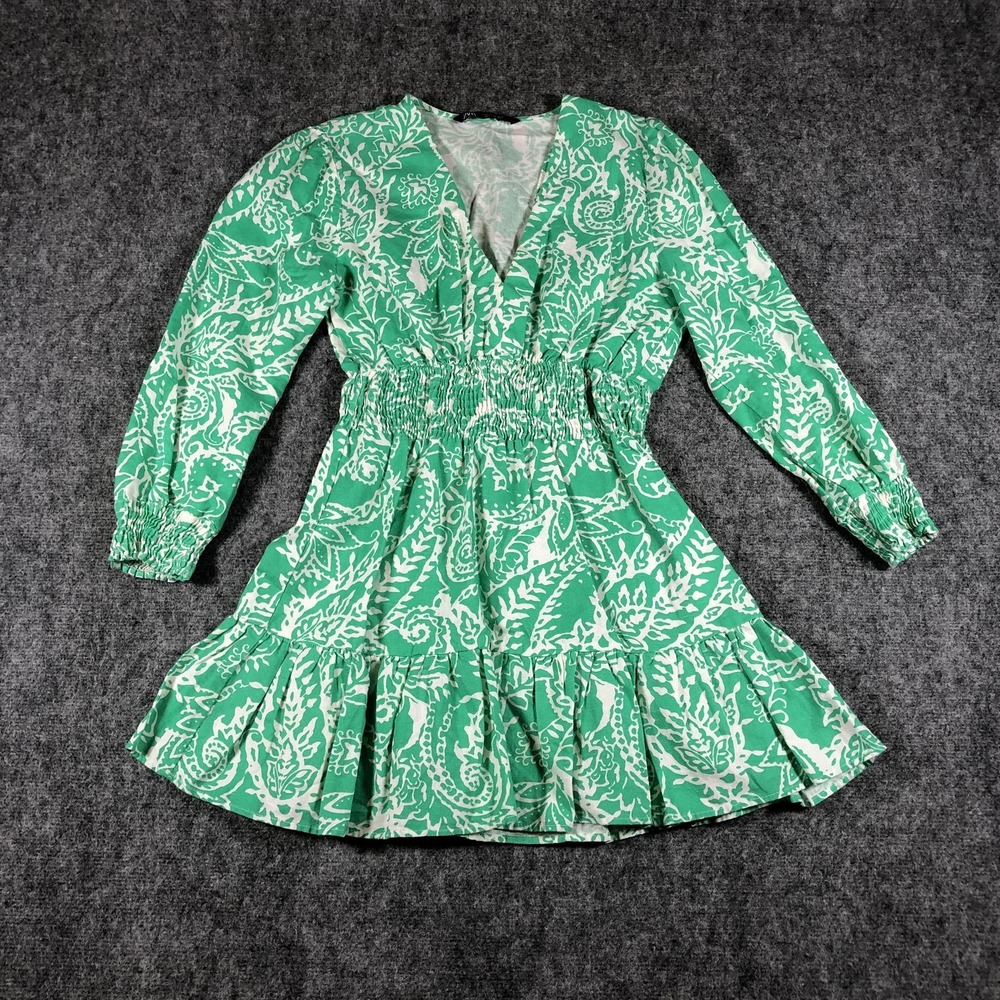 Zara Women's Mini‎ Dress Size Small Green White Linen Blend Smocked Waist